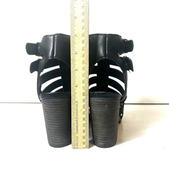 Vince Camuto Womens 7.5M Black Leather High Heels Ankle Wrap Zip Open Toe Sandal - Picture 9 of 11